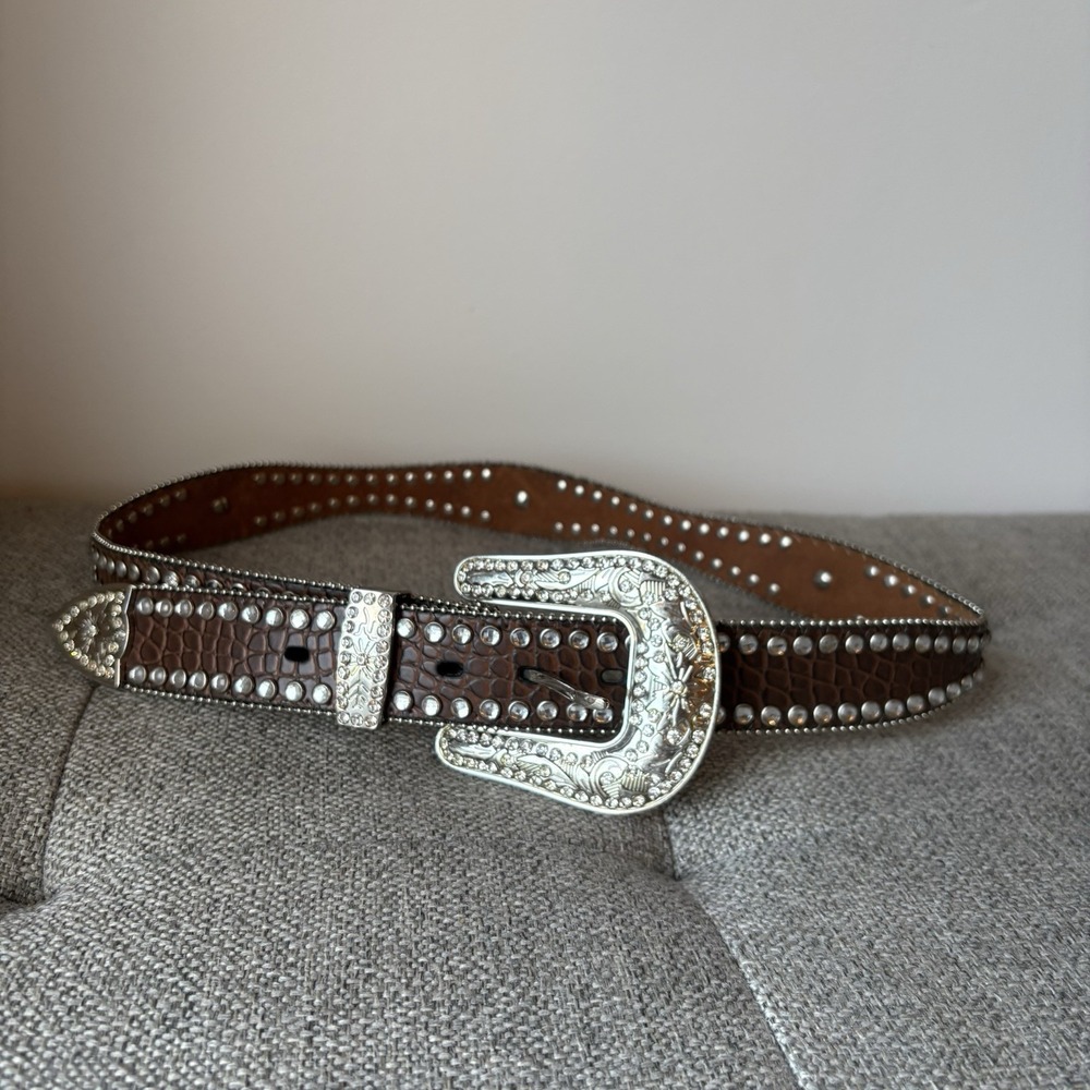 Vintage Blazin Roxx Rhinestone Studded Faux Gator Skin Leather Belt‎ Size 36inch